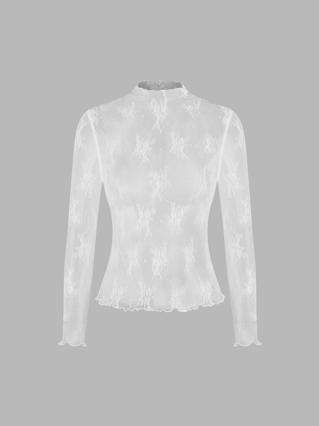 Top de encaje transparente blanco de cuello alto – Top ajustado floral