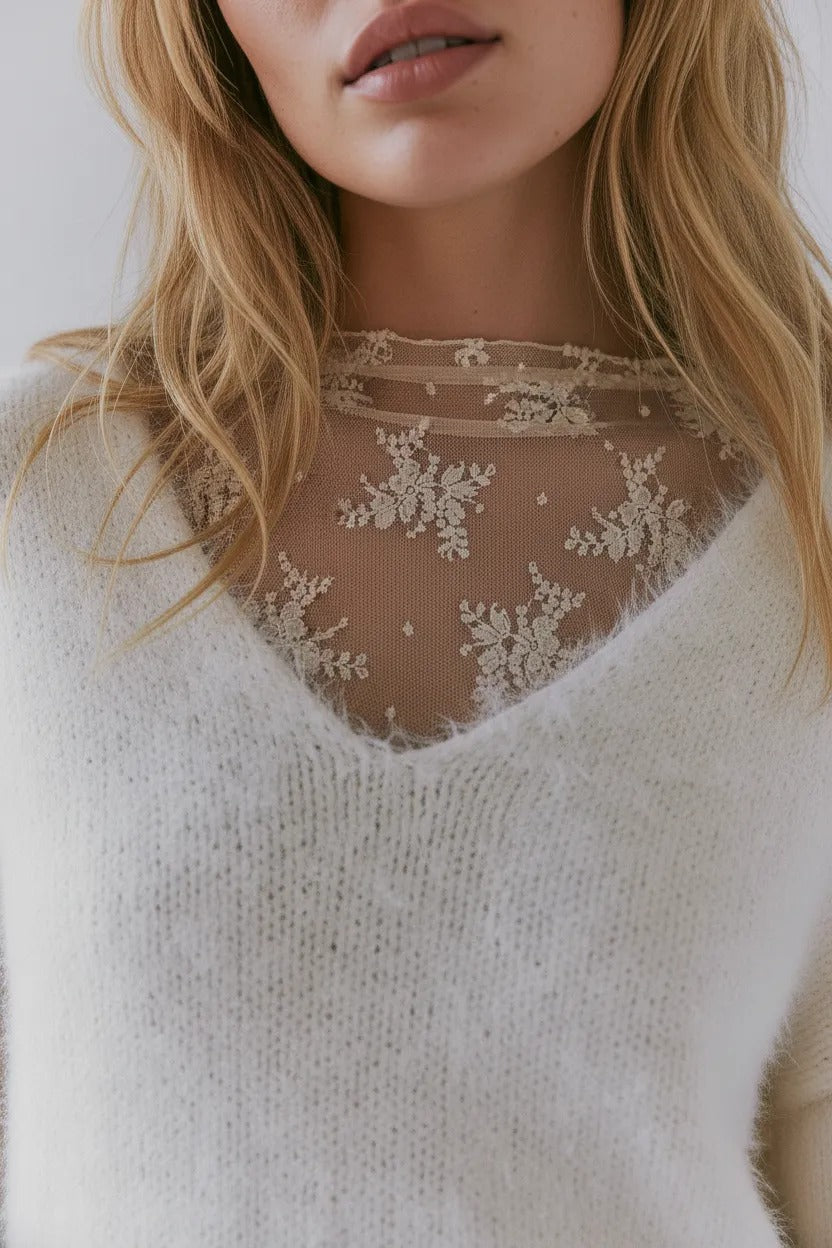 Top de encaje transparente blanco de cuello alto – Top ajustado floral