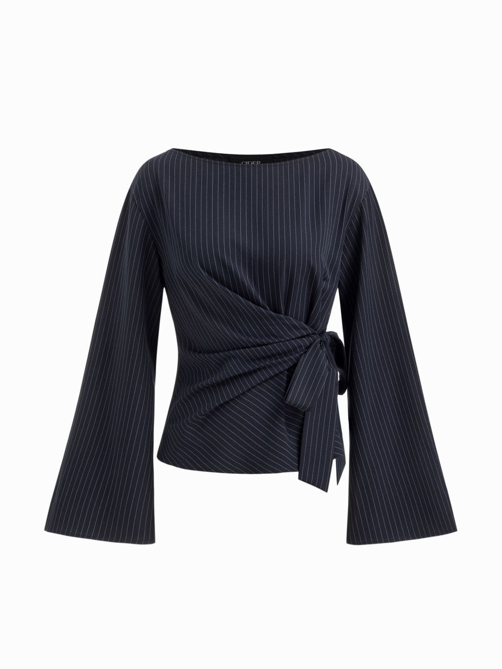 Top de rayas finas con lazo lateral – Cuello barco y mangas acampanadas